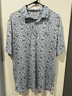 Callaway White Golf Polo with Teal and Tan Print